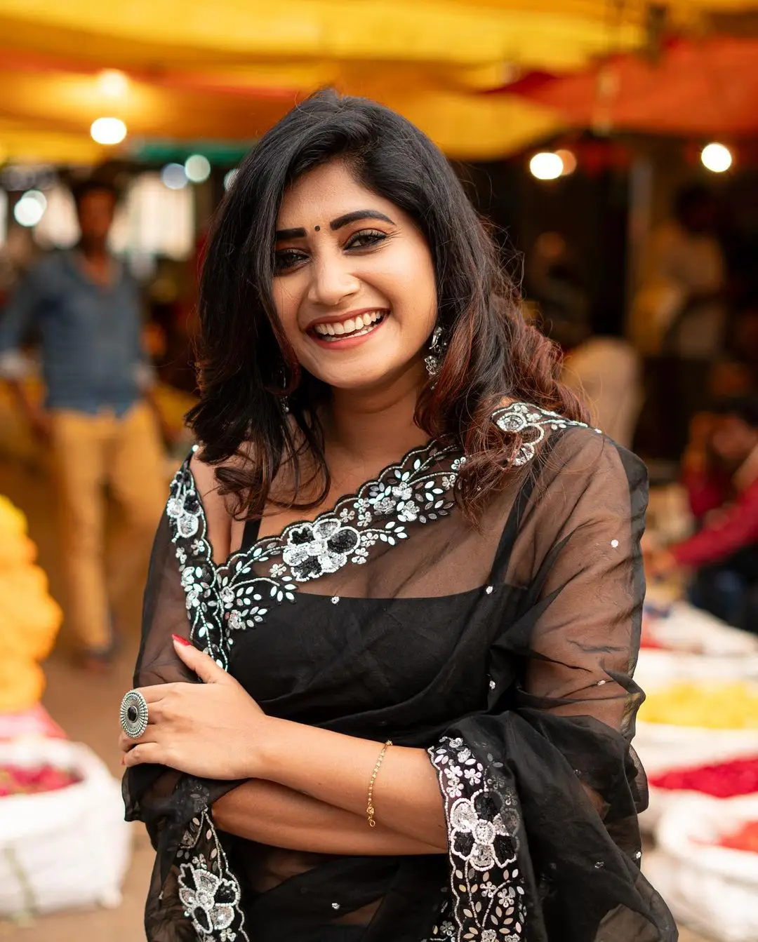 Vasanthi Krishnan Wearing Black Saree Sleeveless Blouse